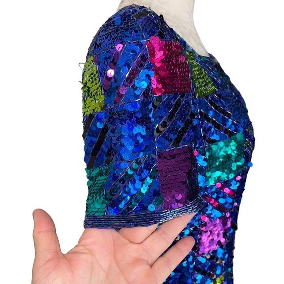 A J Bari Vintage Womens Dress Size 10 Blue Mini Sequin Beaded Checked Pure Silk - Picture 5 of 9